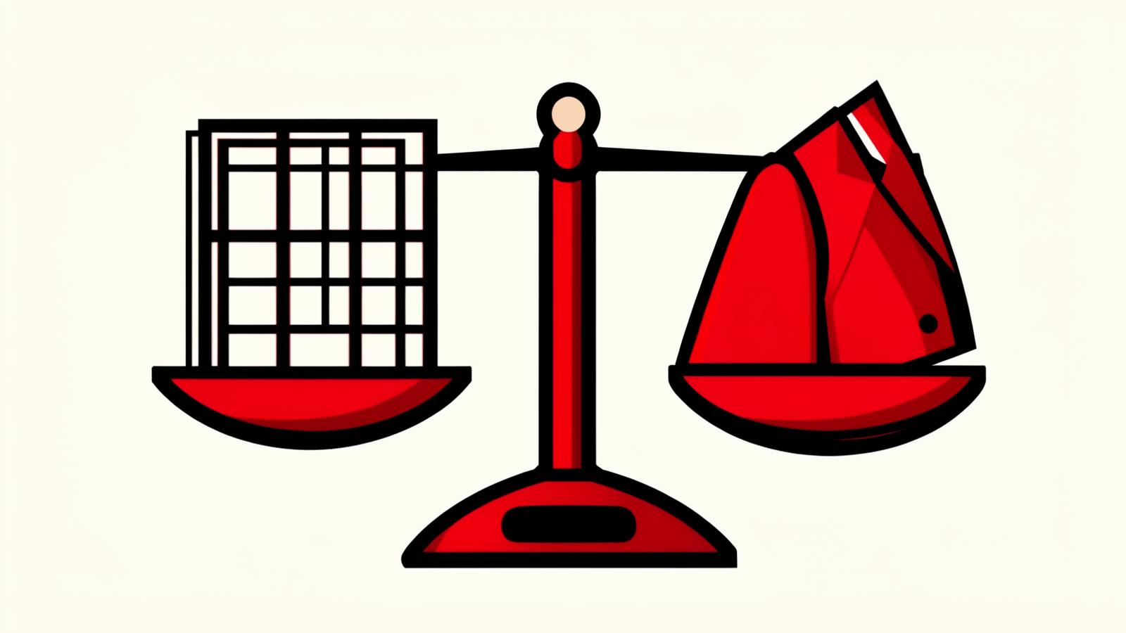 Editorial illustration of a balance scale weighing a rigid grid against a bespoke tailored shape, representing off-the-shelf versus custom software.