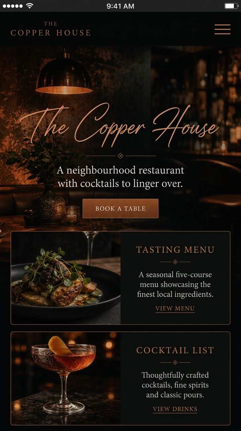 The Copper House website shown on mobile