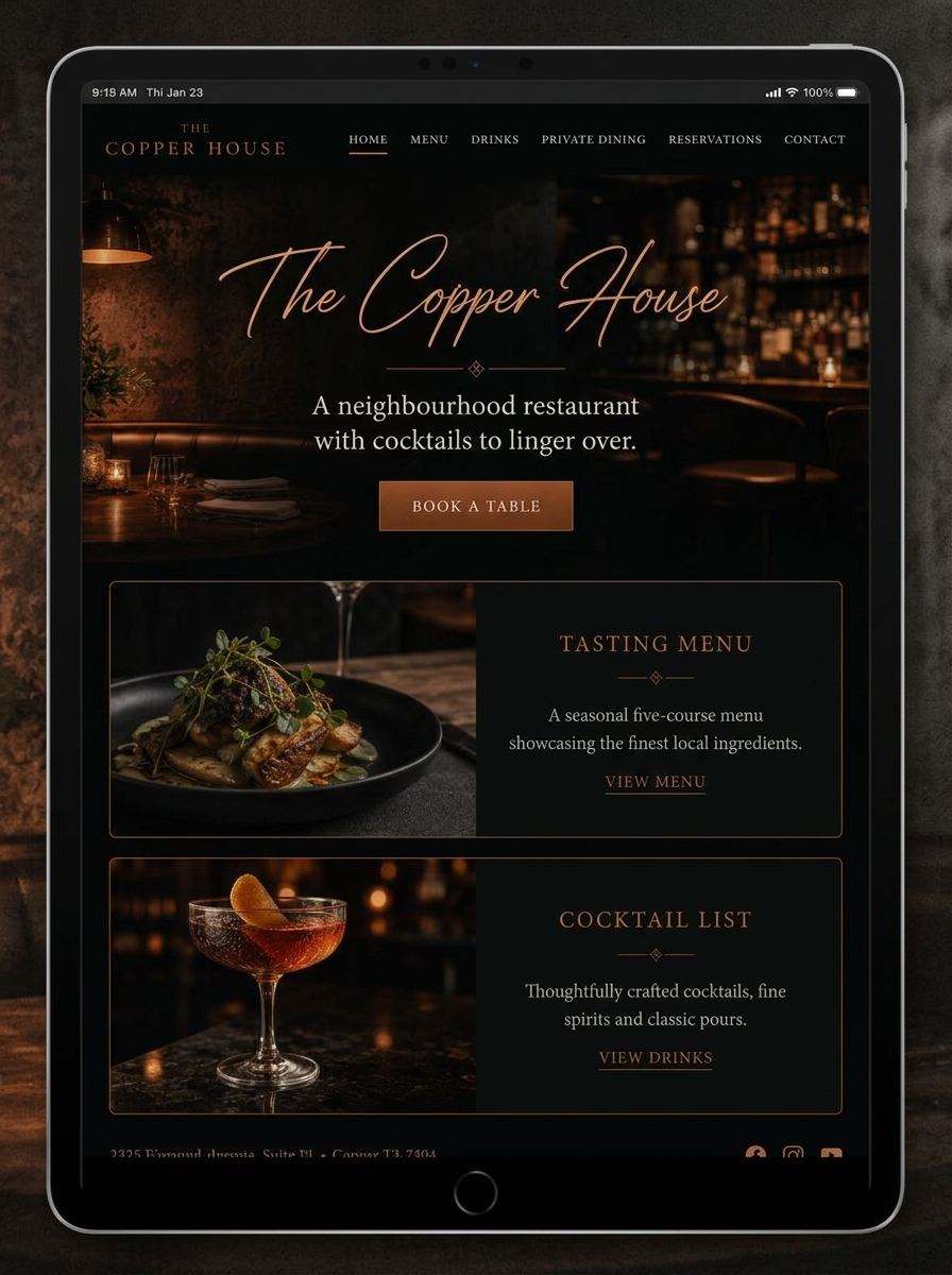 The Copper House website shown on tablet