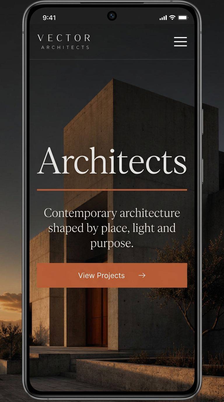 Vector Architects website shown on mobile